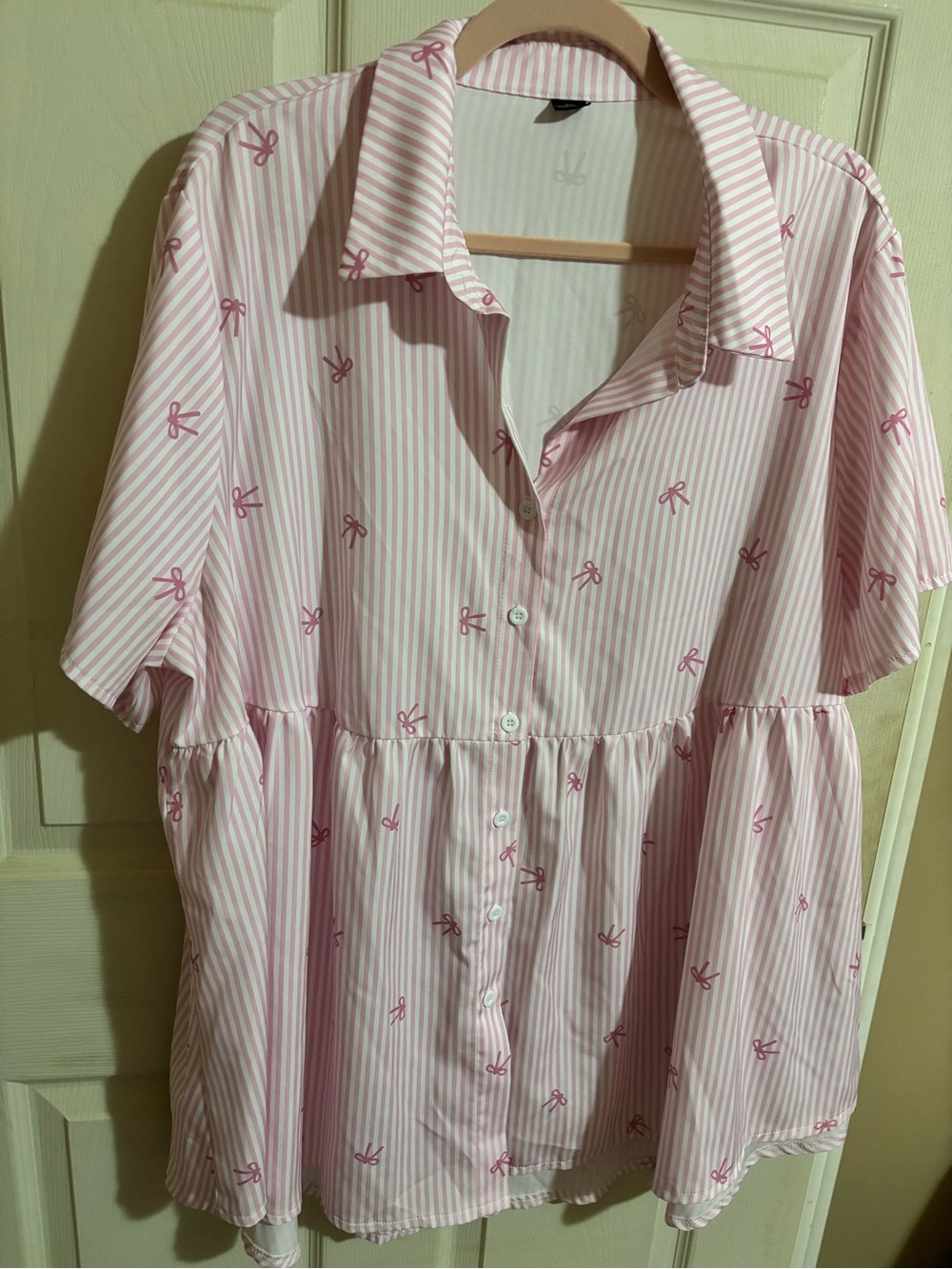 SHEIN Pink Striped Button-Front Tunic with Bow Motif